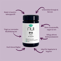 NUI B12 Kapseln – 500 µg Methylcobalamin, vegan, hoch bioverfügbar, für Nerven, Energie & Blutbildung.