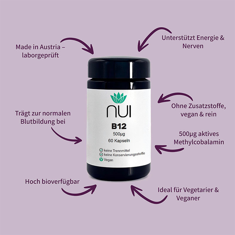 NUI B12 Kapseln – 500 µg Methylcobalamin, vegan, hoch bioverfügbar, für Nerven, Energie & Blutbildung.