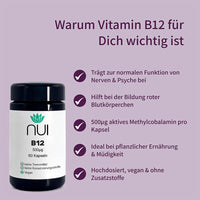 NUI Vitamin B12 – 500 µg Methylcobalamin pro Kapsel, unterstützt Nerven, Blutbildung & veganen Bedarf.
