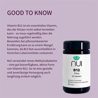 NUI Vitamin B12 – mit aktivem Methylcobalamin für gezielte Versorgung, ideal bei veganer Ernährung.