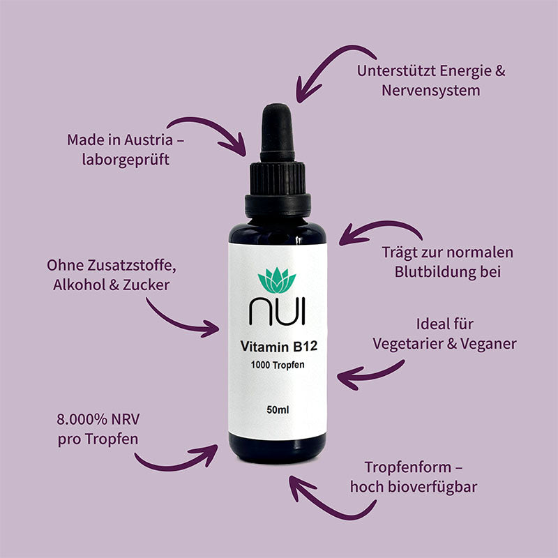 NUI Vitamin B12 Tropfen – hoch bioverfügbar, ohne Zusatzstoffe, ideal für Energie, Nerven & Blutbildung.