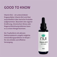 NUI Vitamin B12 Tropfen – aktive Form für direkte Versorgung, ideal bei veganer Ernährung oder Stress.