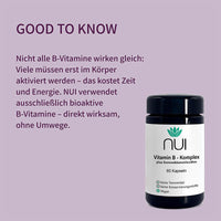 NUI Vitamin B-Komplex – enthält ausschließlich bioaktive B-Vitamine, die sofort wirken – ohne Umwege.