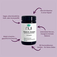 NUI Vitamin B-Komplex – alle 8 B-Vitamine plus Sonnenblumenlecithin, vegan, geprüft, ohne künstliche Zusatzstoffe.