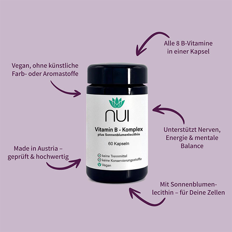 NUI Vitamin B-Komplex – alle 8 B-Vitamine plus Sonnenblumenlecithin, vegan, geprüft, ohne künstliche Zusatzstoffe.