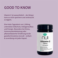  NUI Vitamin C 1000 mg – unterstützt Zellschutz, Energie & Kollagenaufbau, ideal bei täglichem Bedarf.