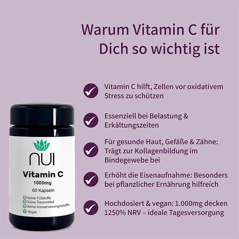  NUI Vitamin C 1000 mg – schützt vor oxidativem Stress, unterstützt Haut, Immunsystem & Eisenaufnahme.