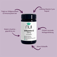 NUI Vitamin C 1000 mg – pro Kapsel, ohne Füllstoffe, stärkt Immunsystem & Kollagenbildung.