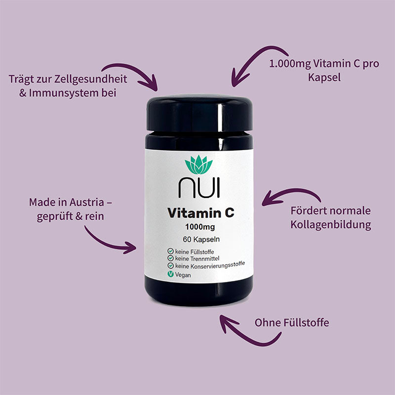 NUI Vitamin C 1000 mg – pro Kapsel, ohne Füllstoffe, stärkt Immunsystem & Kollagenbildung.