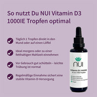  NUI Vitamin D3 1000IE Tropfen – täglich 1 Tropfen für stabile Versorgung, ideal morgens oder zur Mahlzeit.