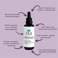 NUI Vitamin D3 1000IE – exakt dosierbar, vegan, ohne Zusatzstoffe, ideal für empfindliche Verdauung.