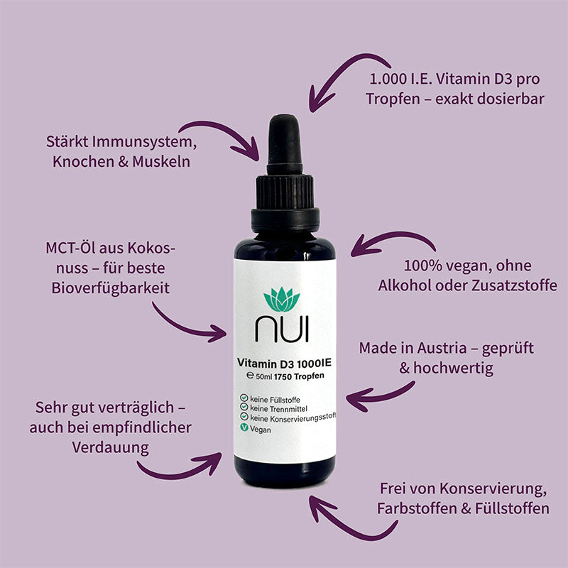 NUI Vitamin D3 1000IE – exakt dosierbar, vegan, ohne Zusatzstoffe, ideal für empfindliche Verdauung.