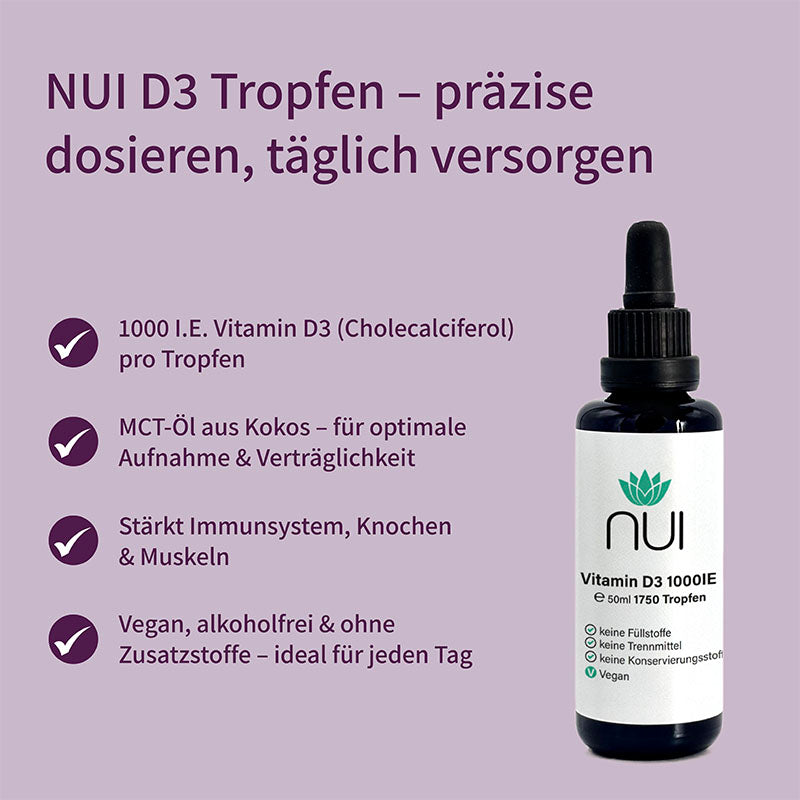 NUI D3 1000IE Tropfen – täglich dosierbar, mit MCT-Öl, vegan, alkoholfrei und ohne Zusatzstoffe.