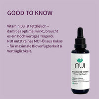NUI Vitamin D3 1000IE – mit MCT-Öl aus Kokos für optimale Bioverfügbarkeit und Verträglichkeit.