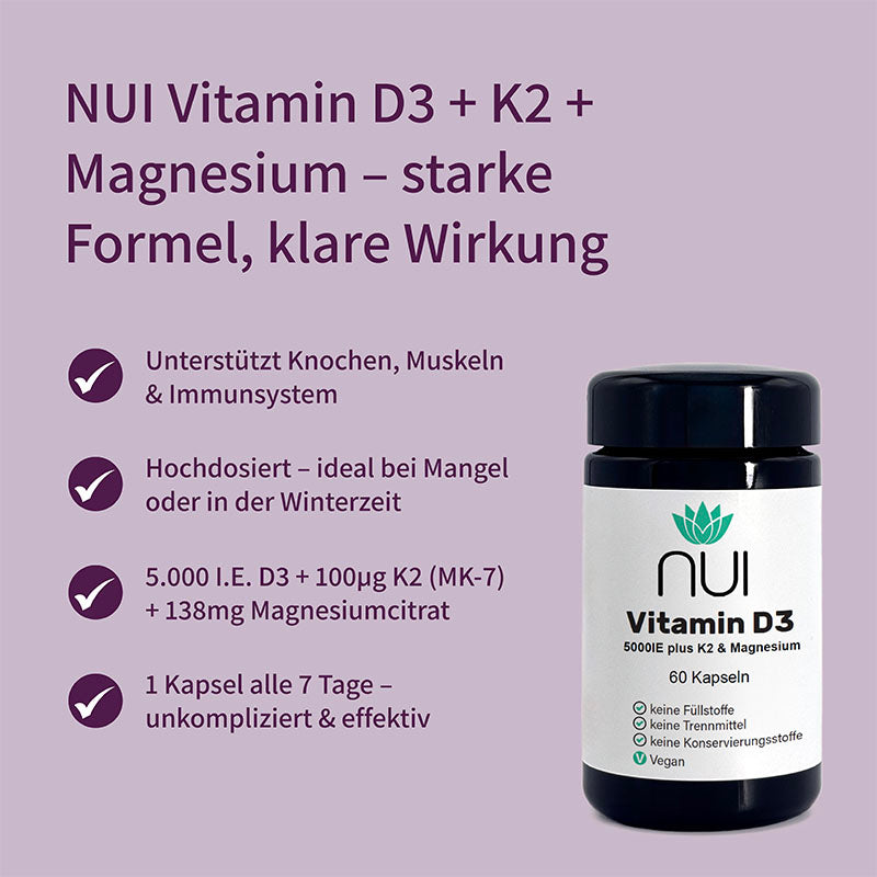 NUI Vitamin D3 + K2 + Magnesium – hochdosiert, unterstützt Knochen, Muskeln und Immunsystem.
