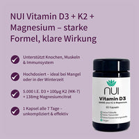 NUI Vitamin D3 + K2 + Magnesium – hochdosiert, unterstützt Knochen, Muskeln und Immunsystem.