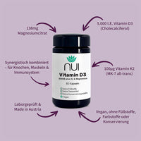NUI Vitamin D3 – 5000 IE mit K2 & Magnesium, vegan, laborgeprüft und ohne Zusatzstoffe.