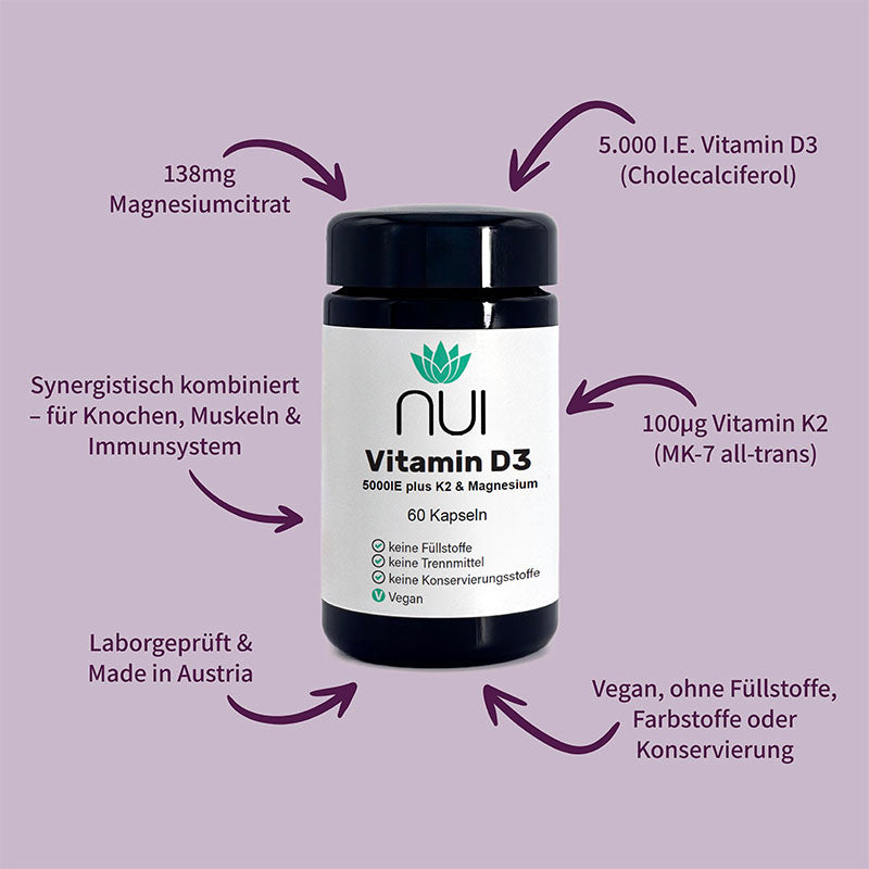 NUI Vitamin D3 – 5000 IE mit K2 & Magnesium, vegan, laborgeprüft und ohne Zusatzstoffe.