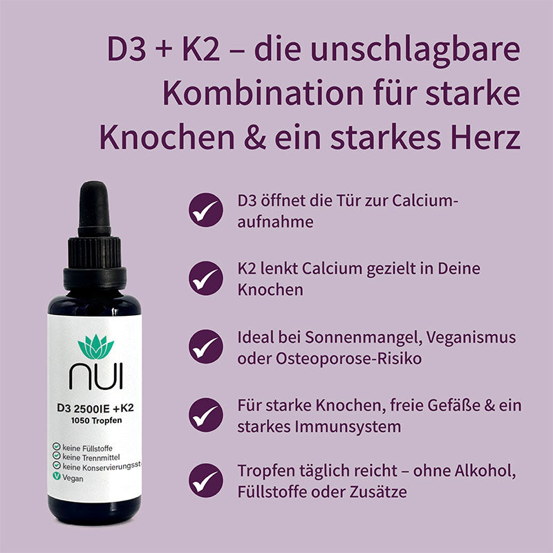  NUI D3 + K2 Tropfen – für Calciumaufnahme, starke Knochen und Herzgesundheit, ohne Zusatzstoffe.