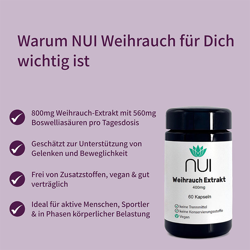 NUI Weihrauch für Gelenke & Beweglichkeit, vegan und frei von Zusatzstoffen.