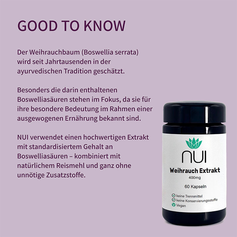 NUI Weihrauch – hochwertiger Boswellia-Extrakt ohne Zusatzstoffe, basierend auf ayurvedischer Tradition.
