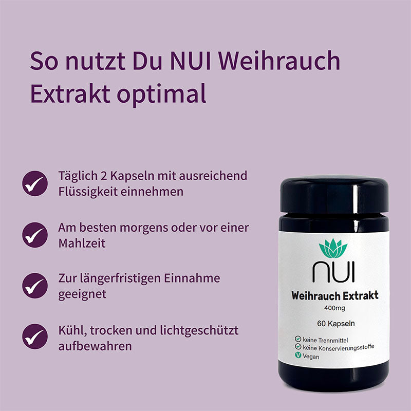 NUI Weihrauch – täglich 2 Kapseln, ideal morgens, zur langfristigen Einnahme geeignet.