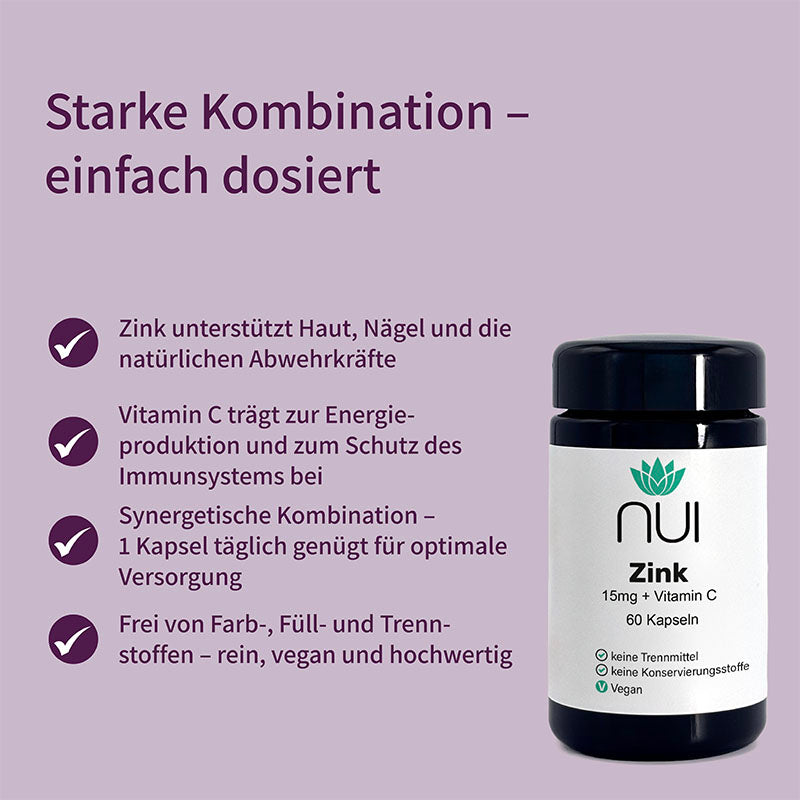 NUI Zink + Vitamin C – synergetische Kombination für Immunsystem, Haut und Nägel, frei von Zusatzstoffen.