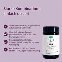 NUI Zink + Vitamin C – synergetische Kombination für Immunsystem, Haut und Nägel, frei von Zusatzstoffen.