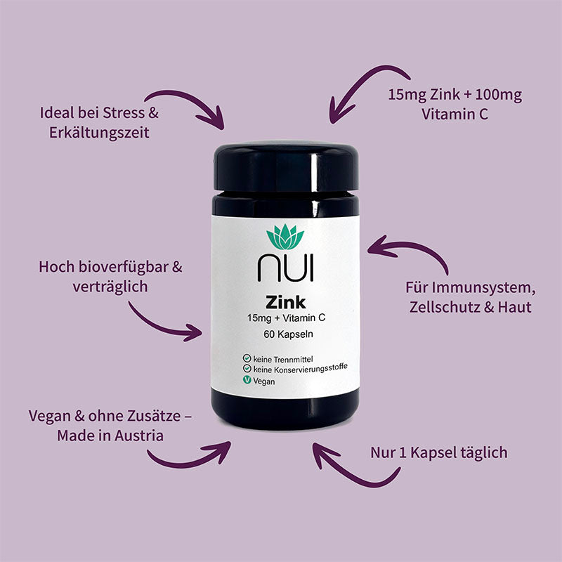  NUI Zink + Vitamin C – hoch bioverfügbar, vegan, ideal bei Stress und für das Immunsystem.